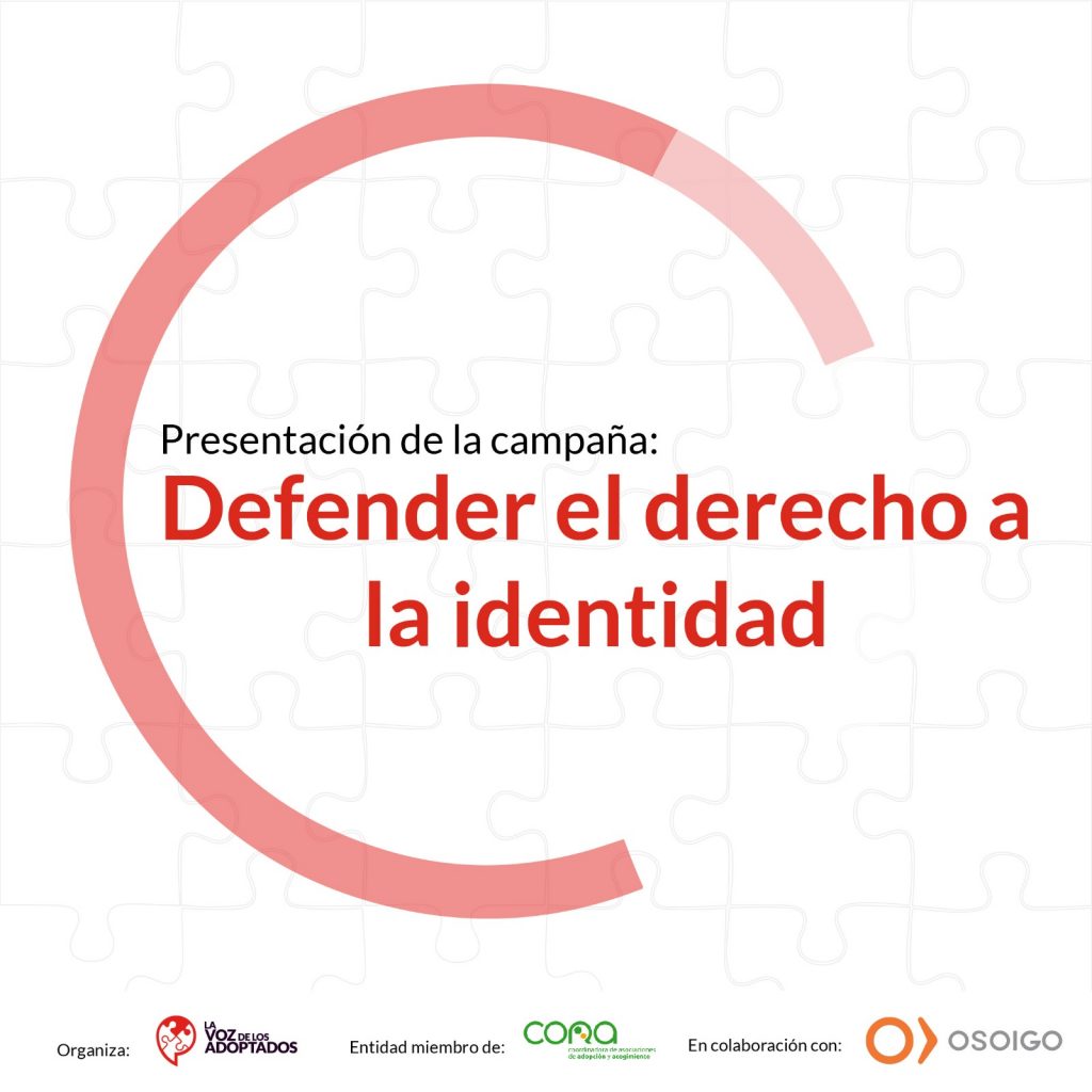 cartel con el título del evento: Presentación de la campaña: Defender el derecho a la identidad. Con logotipos de La voz, CORA, y OSOIGO.