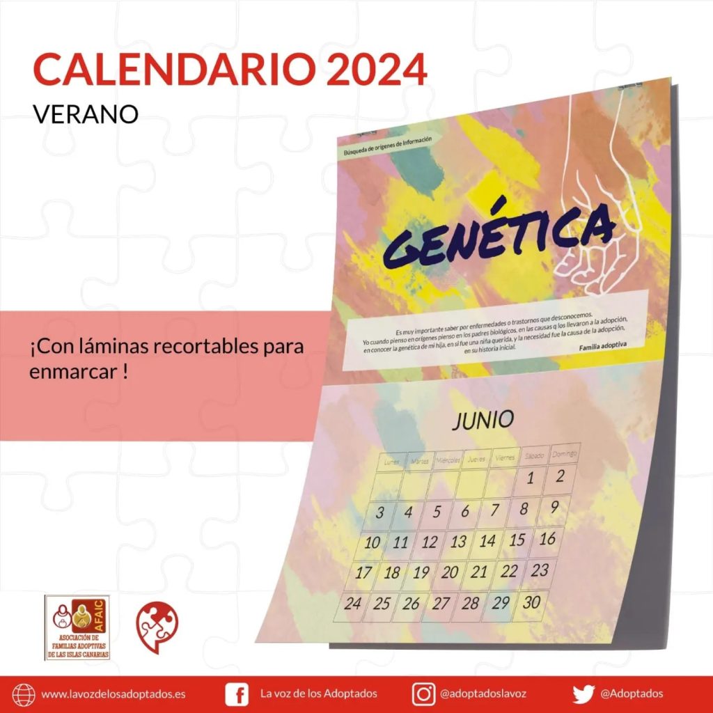 Calendario 2024 Verano. ¡Con láminas recortables para enmarcar."  Imagen del mes de junio, con los colores rosa, verde y amarillo, con el título "Genética."