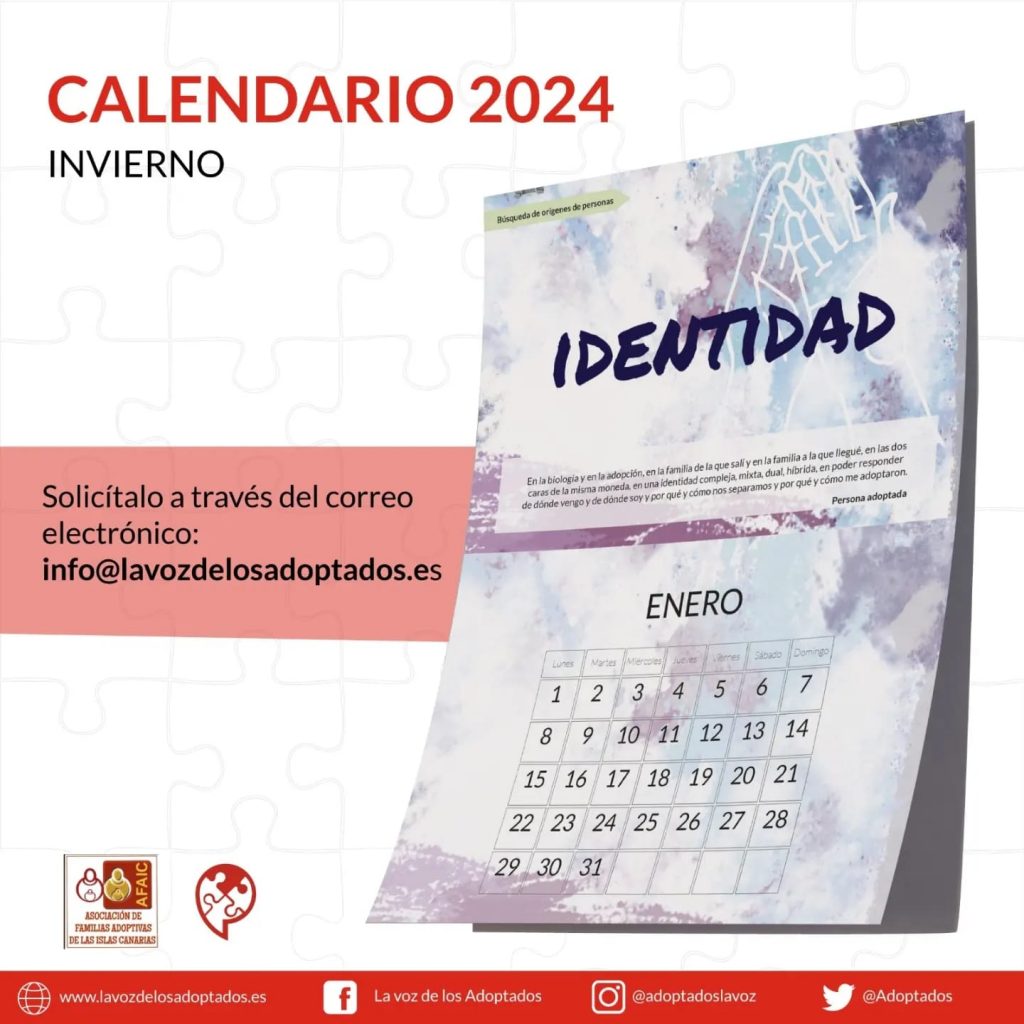 Calendario 2024 Invierno. Solicítalo a través del correo electrónico: info@lavozdelosadoptados.es. Imagen del mes de enero, con los colores morado, blanco, y azul, con el título "Identidad"